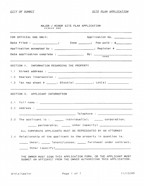 First page of the Site Plan Application