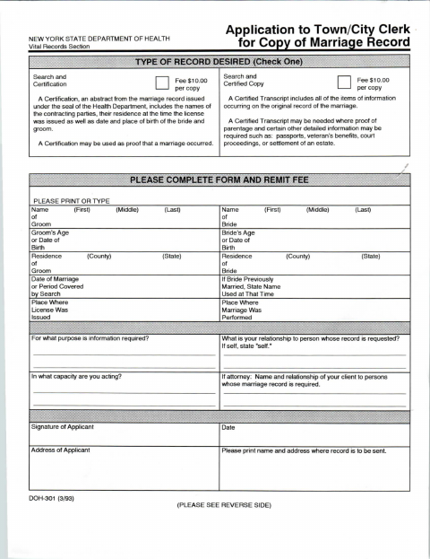 First page of the Application for Copy of Marriage Record