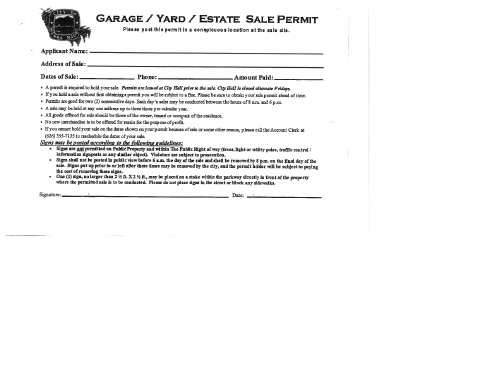 First page of the Garage, Yard, and Estate Sale Permit