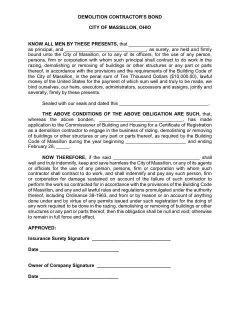 First page of the Demolition Contractor’s Bond