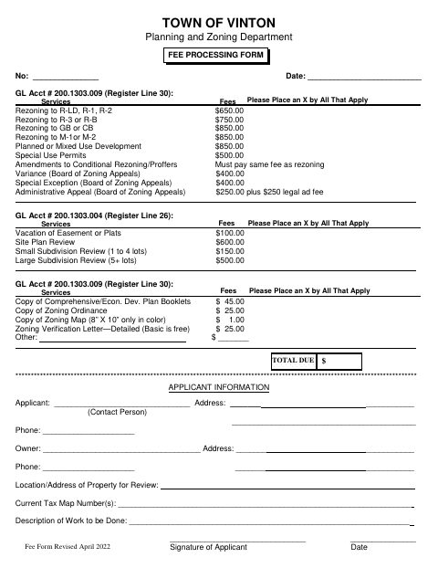First page of the Fee Processing Form