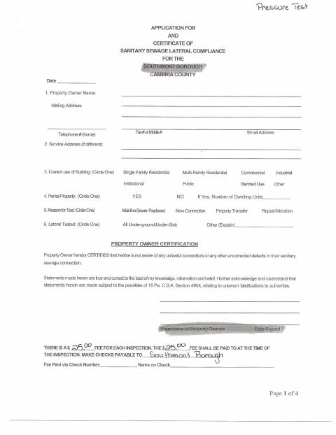 First page of the Pressure Test Application
