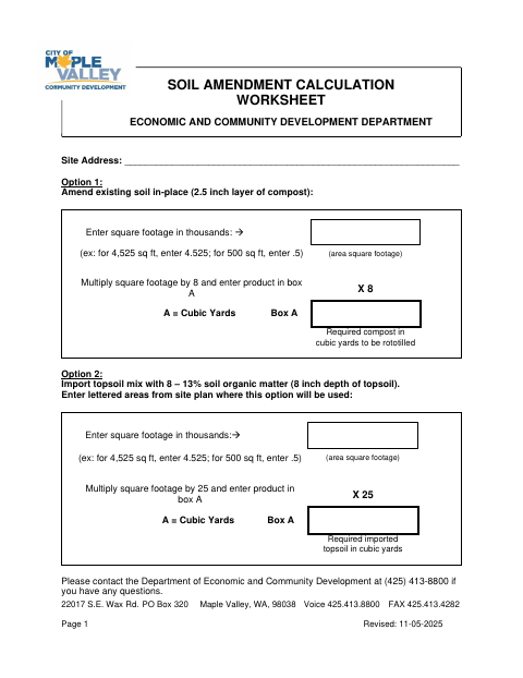 First page of the Soil Amendment Calculation Worksheet