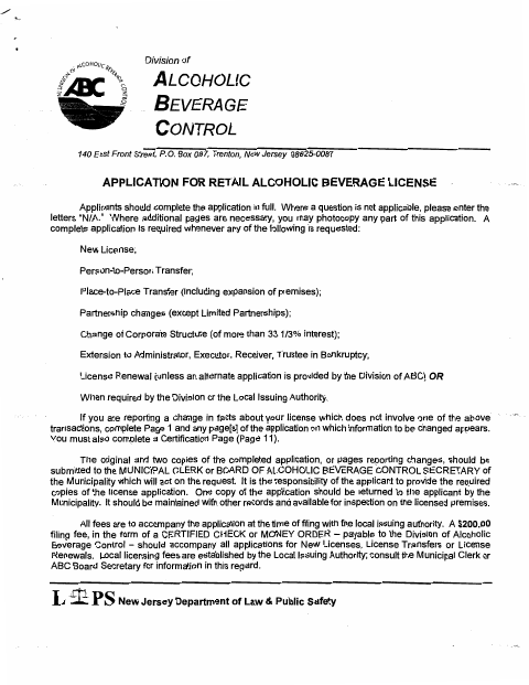 First page of the Retail Alcoholic Beverage License Application