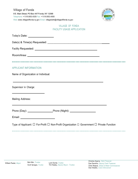 First page of the Facility Usage Application