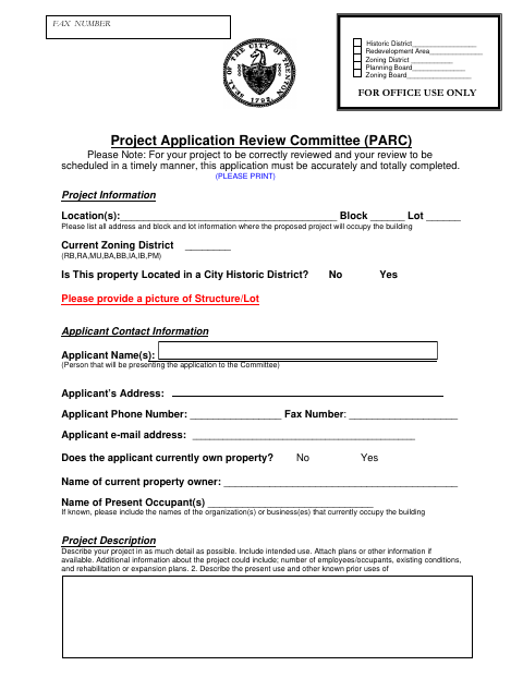 First page of the Project Application Review Committee (PARC) Application