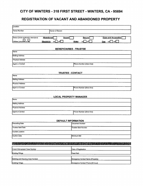 First page of the Vacant and Abandoned Property Registration