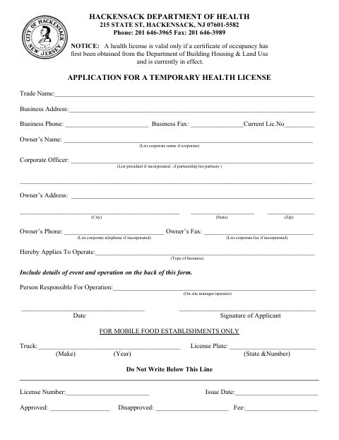 First page of the Application for a Temporary Health License