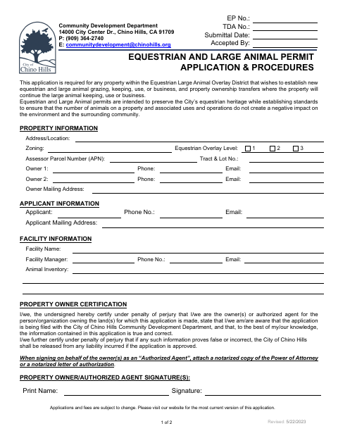 First page of the Equestrian and Large Animal Permit Application and Procedures