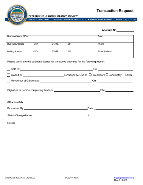 First page of the Transaction Request Form