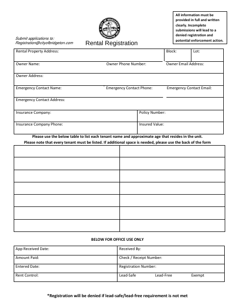 First page of the Rental Registration & Rent Control Application