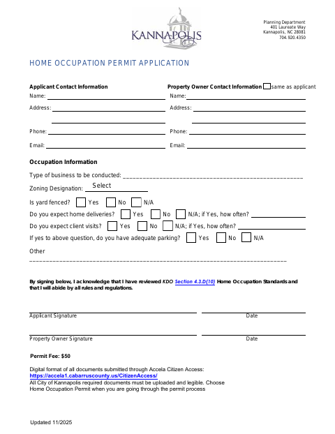 First page of the Home Occupation Permit Application