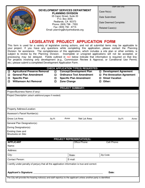 First page of the Legislative Project Application