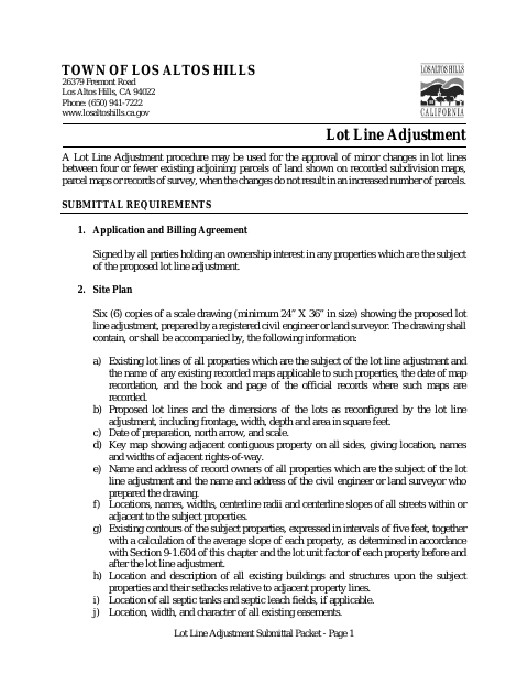 First page of the Lot Line Adjustment Submittal Packet