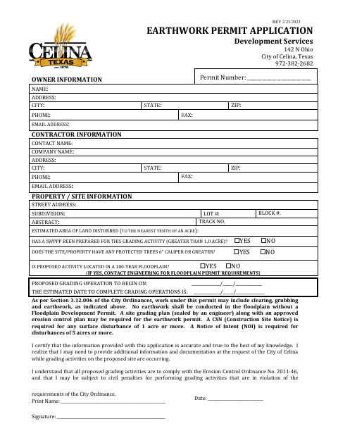 First page of the Earthwork Permit Application