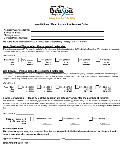 First page of the New Utilities / Meter Installation Request Order