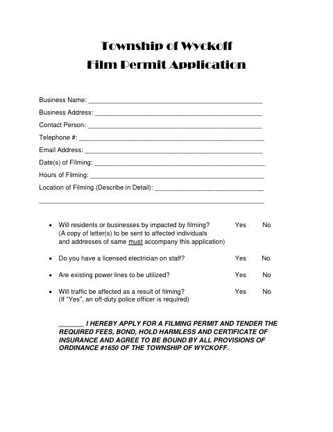 First page of the Film Permit Application