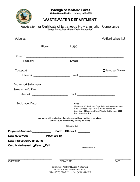 First page of the Application for Certificate of Extraneous Flow Elimination Compliance