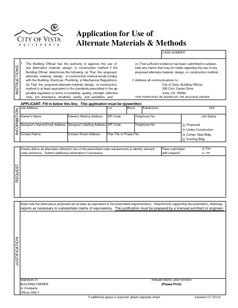 First page of the Application for Use of Alternate Materials & Methods