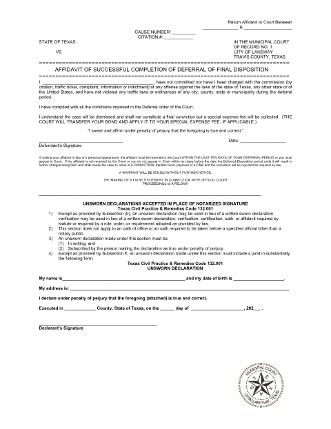 First page of the Affidavit of Successful Completion of Deferral of Final Disposition