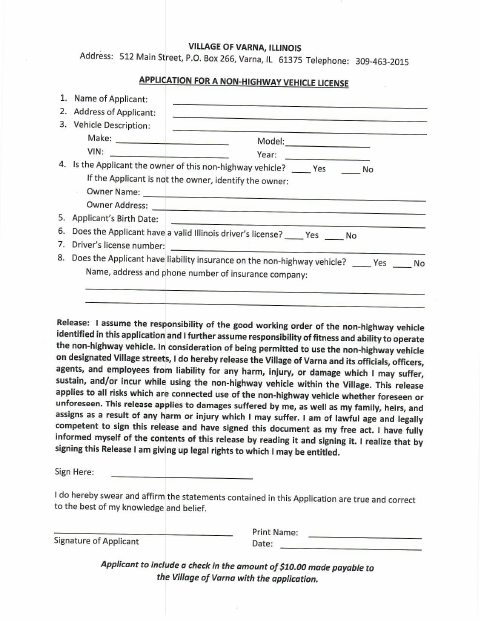 First page of the Non-Highway Vehicle Permit Application