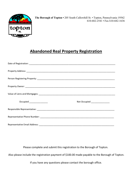 First page of the Abandoned Real Property Registration