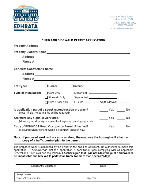 First page of the Curb and Sidewalk Permit Application
