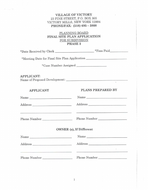First page of the Final Site Plan Application for Subdivision Phase 3
