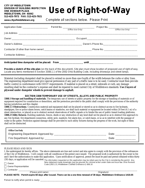 First page of the Use of Right-of-Way Permit