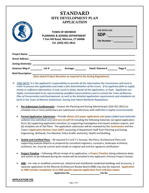 First page of the Standard Site Development Plan Application