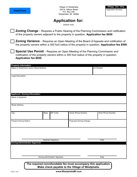 First page of the Application for Zoning Change, Zoning Variance, or Special Use Permit