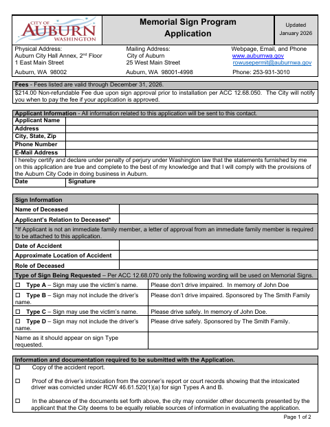 First page of the Memorial Sign Program Application