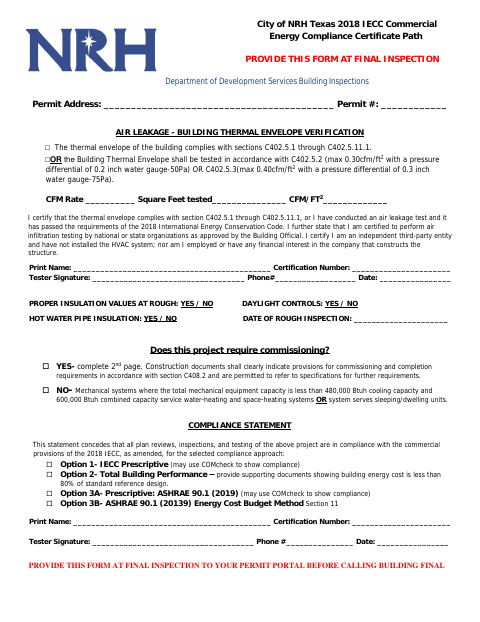 First page of the 2018 IECC Commercial Energy Compliance Certificate Path