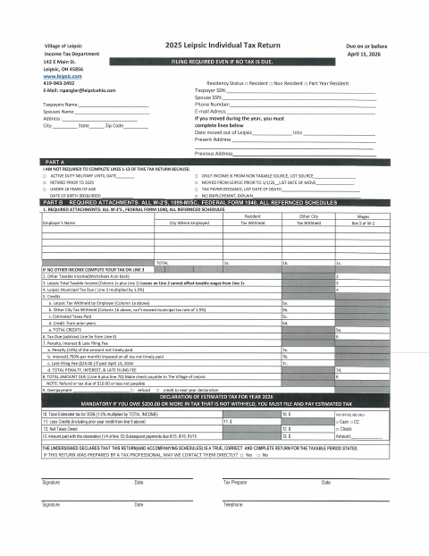 First page of the Leipsic Individual Tax Return