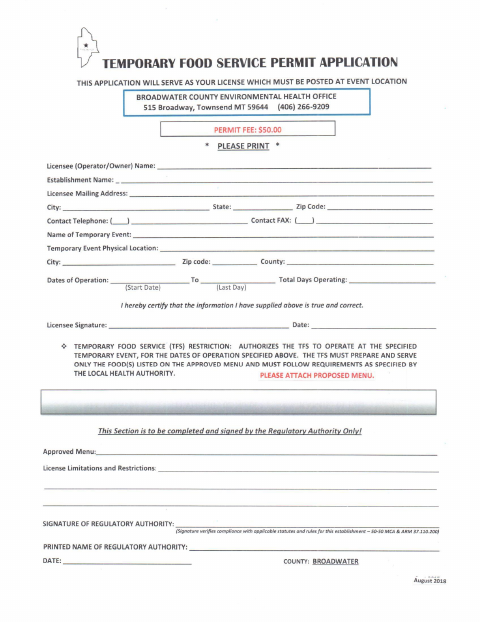 First page of the Temporary Food Service Permit Application