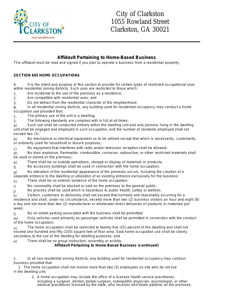 First page of the Affidavit Pertaining to Home-Based Business