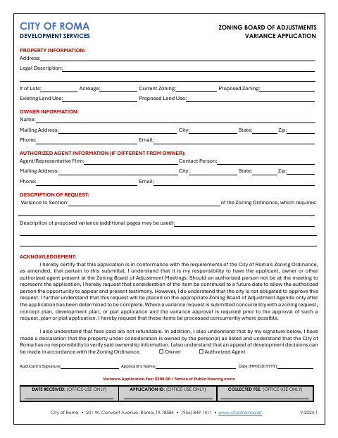 First page of the Zoning Board Of Adjustments Development Services Variance Application