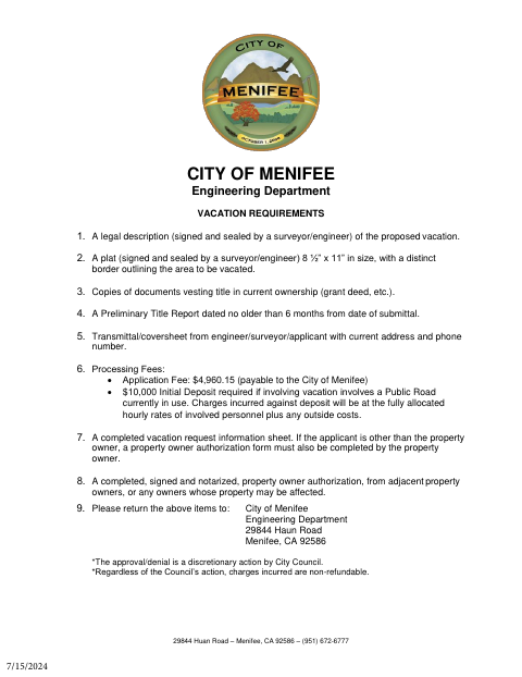 First page of the Vacation Quitclaim Application and Submittal Requirements