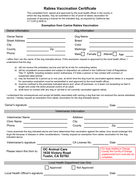 First page of the Exemption From Canine Rabies Vaccination