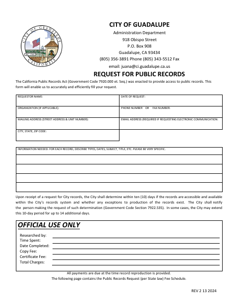 First page of the Request For Public Records