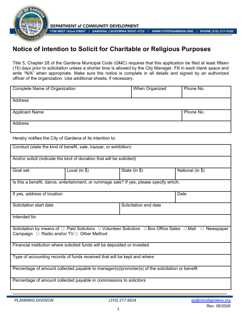 First page of the Notice of Intention to Solicit for Charitable or Religious Purposes