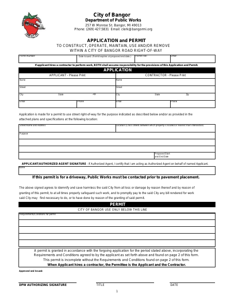 First page of the Application and Permit for Work in a Road Right-of-Way