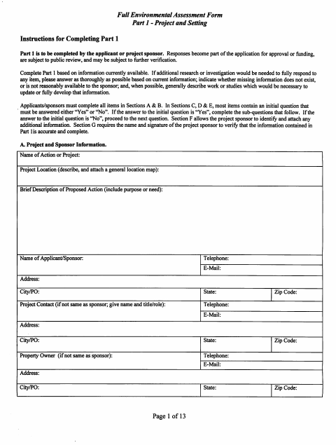 First page of the Full Environmental Assessment Form