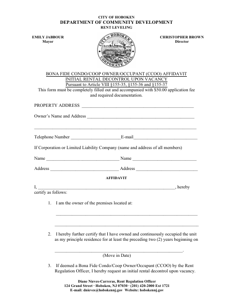 First page of the Bona Fide Condo/Co-op Owner/Occupant Affidavit