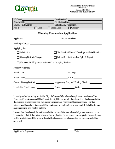 First page of the Planning Commission Application