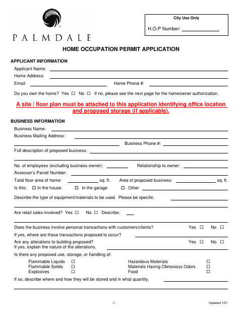 First page of the Home Occupation Permit Application