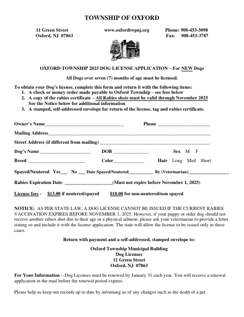 First page of the 2025 Dog License Application for New Dogs