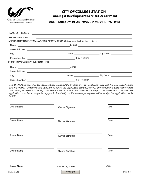 First page of the Preliminary Plan Owner Certification