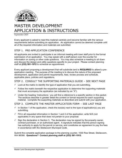First page of the Master Development Application & Instructions