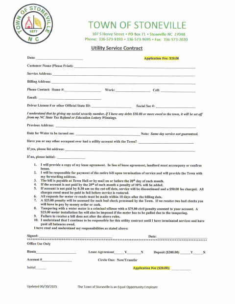 First page of the Utility Service Contract Application